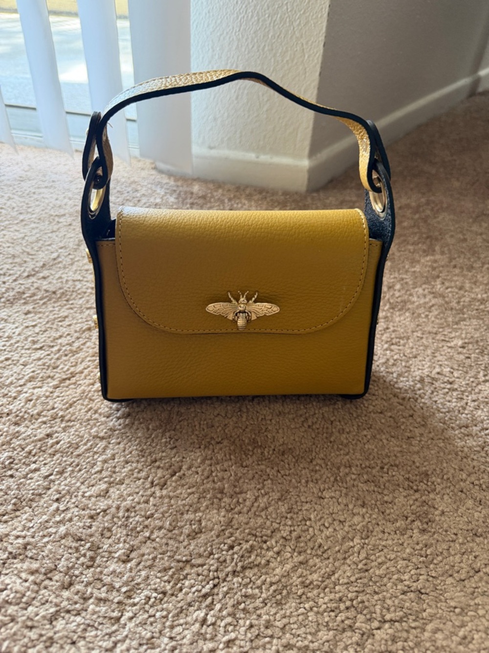Yellow Leather Top-Handle Bee Accent Bag
